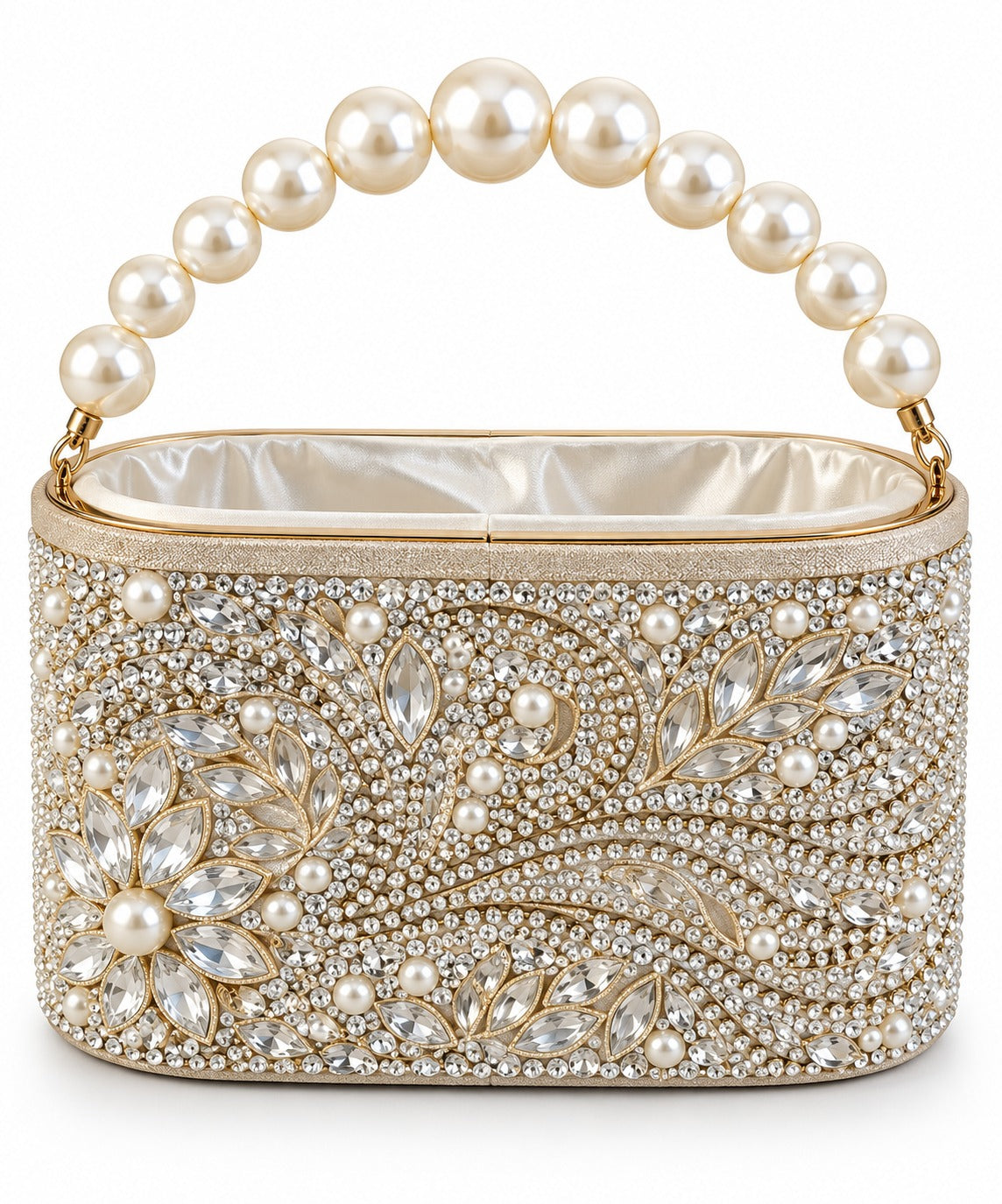 POCHETTE IVOIRE ORNEE DE PERLES ET CRIDTAUX